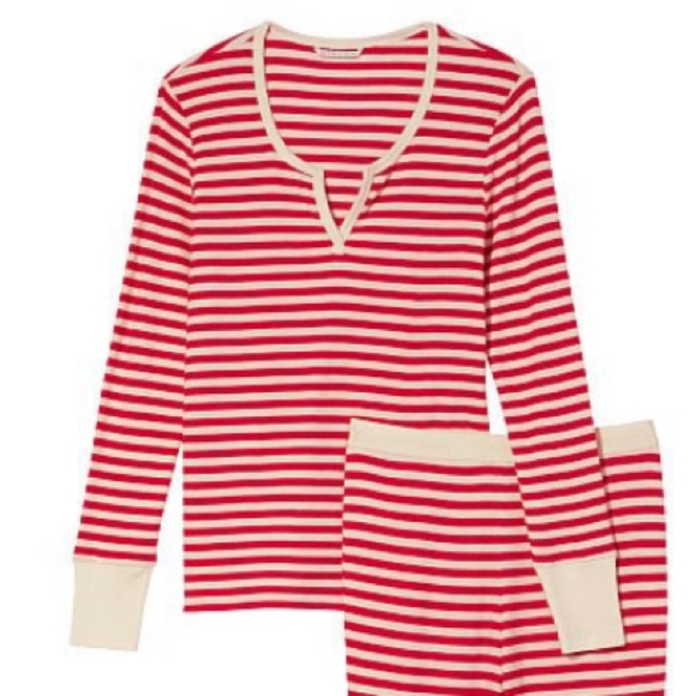 Candy Cane PJs Victoria's Secret XL Thermal Long Pajama Set Adorable NWT - Picture 11 of 14